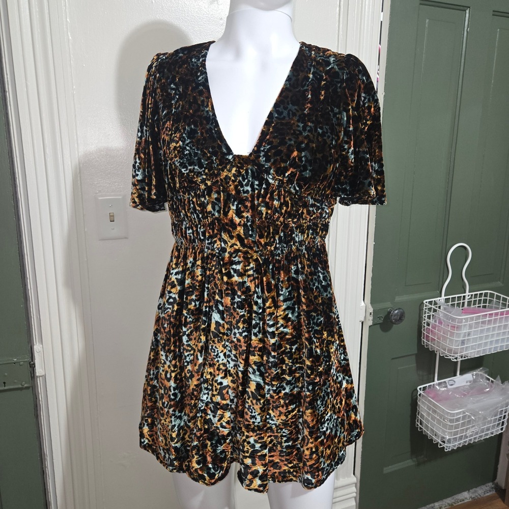 By Anthropologie Velvet Animal Print Smocked Waist Mini Dress Small OB2105998
